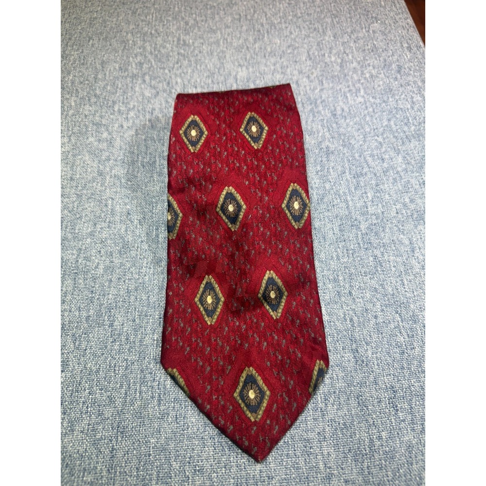 J.Z. Richards Red with Gold Geometric Pattern 100% Silk Tie